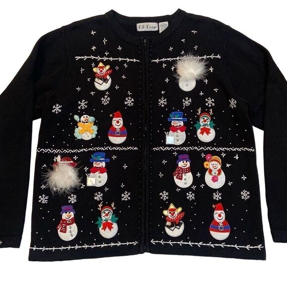 Vintage B.P. Design Christmas Sweater Front Zip Snowmen Long Sleeve Women Large - Picture 3 of 13